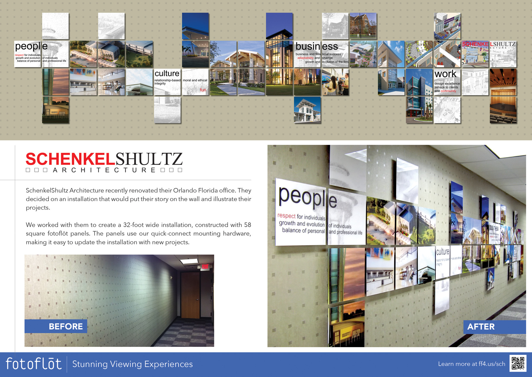 SCHENKELSHULTZ

SchenkelShultz Architecture recently renovated their Orlando Florida office. They decided on an installation that would put their story on the wall and illustrate their projects.

We worked with them to create a 32-foot wide installation, constructed with 58 square fotoflot panels. The panels use our quick-connect mounting hardware, making it easy to update the installation with new projects.

Learn more at https://ff4.us/sch